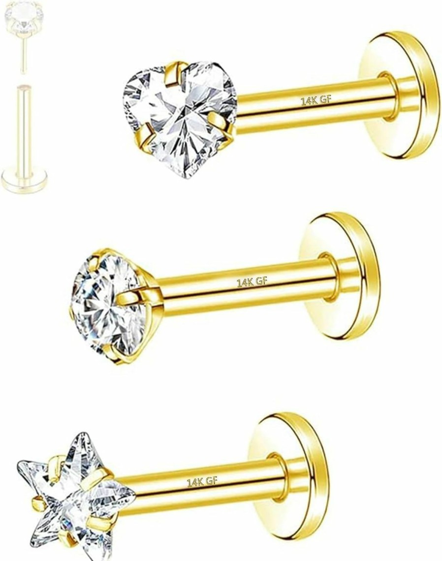 Amazon Body Piercing Studs | Charmonline G23 14K Gold Filled Cartilage Earrings Studs 16G Titanium Top Push In Flat Back Stud For Nose Cartilage Piercing Cz Lip Ring Cartilage Earring Medusa Piercing Jewelry Helix Tragus Piercing