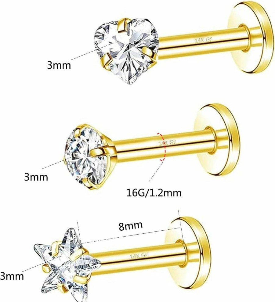 Amazon Body Piercing Studs | Charmonline G23 14K Gold Filled Cartilage Earrings Studs 16G Titanium Top Push In Flat Back Stud For Nose Cartilage Piercing Cz Lip Ring Cartilage Earring Medusa Piercing Jewelry Helix Tragus Piercing