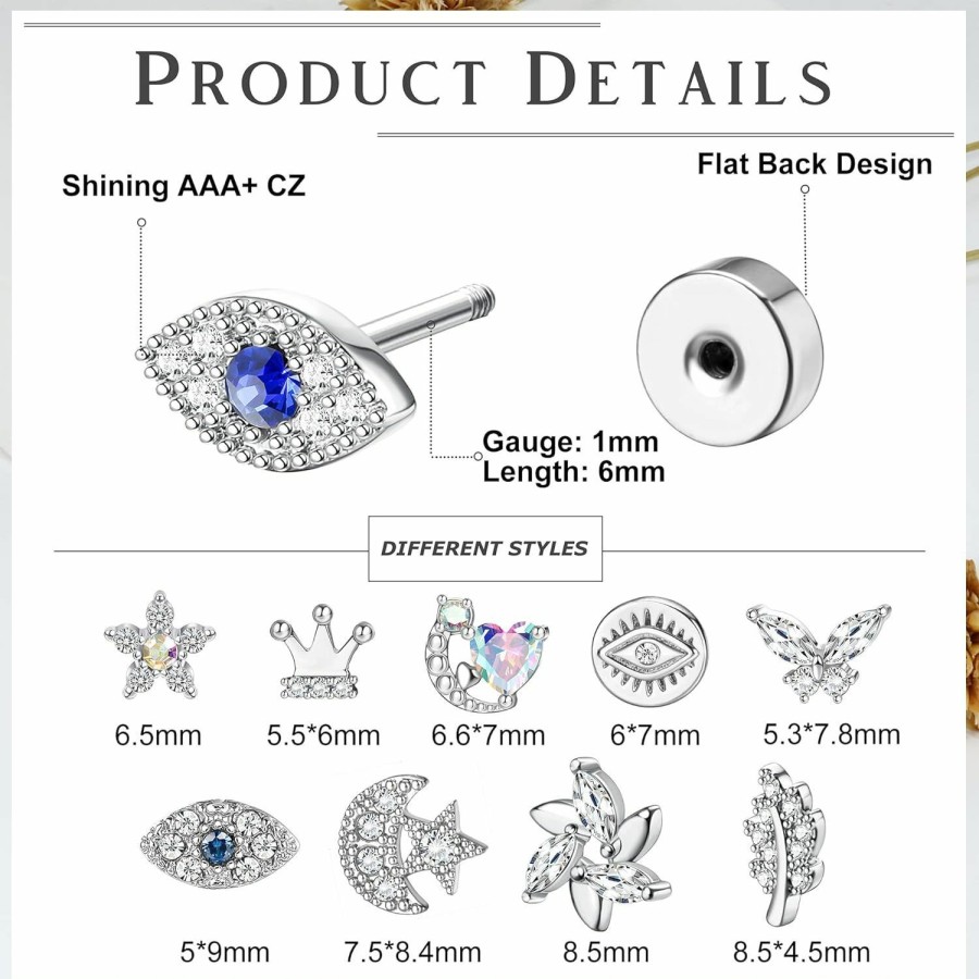 JOERICA Body Piercing Studs | Joerica 18G Stainless Steel Cartilage Earrings For Women Flat Back Stud Earrings For Cartilage Helix Piercing Jewelry Tragus Earrings With Flat Back Internally Threaded Cz Earrings Set