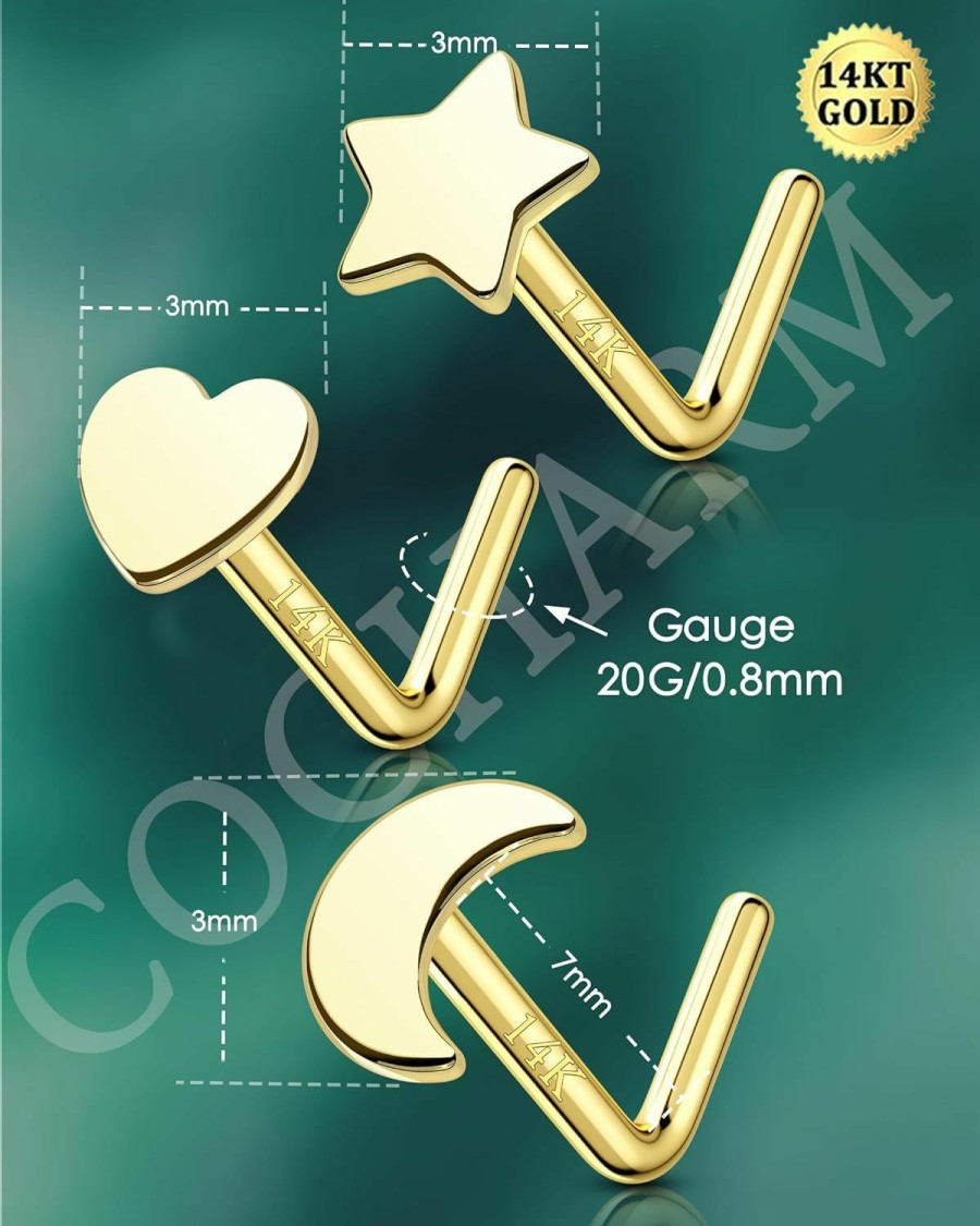 COCHARM Body Piercing Studs | Cocharm 14K Solid Gold Nose Stud For Women Gold 20G L Shape Nose Rings Stud Yellow Gold Nose Piercing Stud Real Gold Nostril Nose Stud Hypoallergenic 20 Gauge Nose Stud