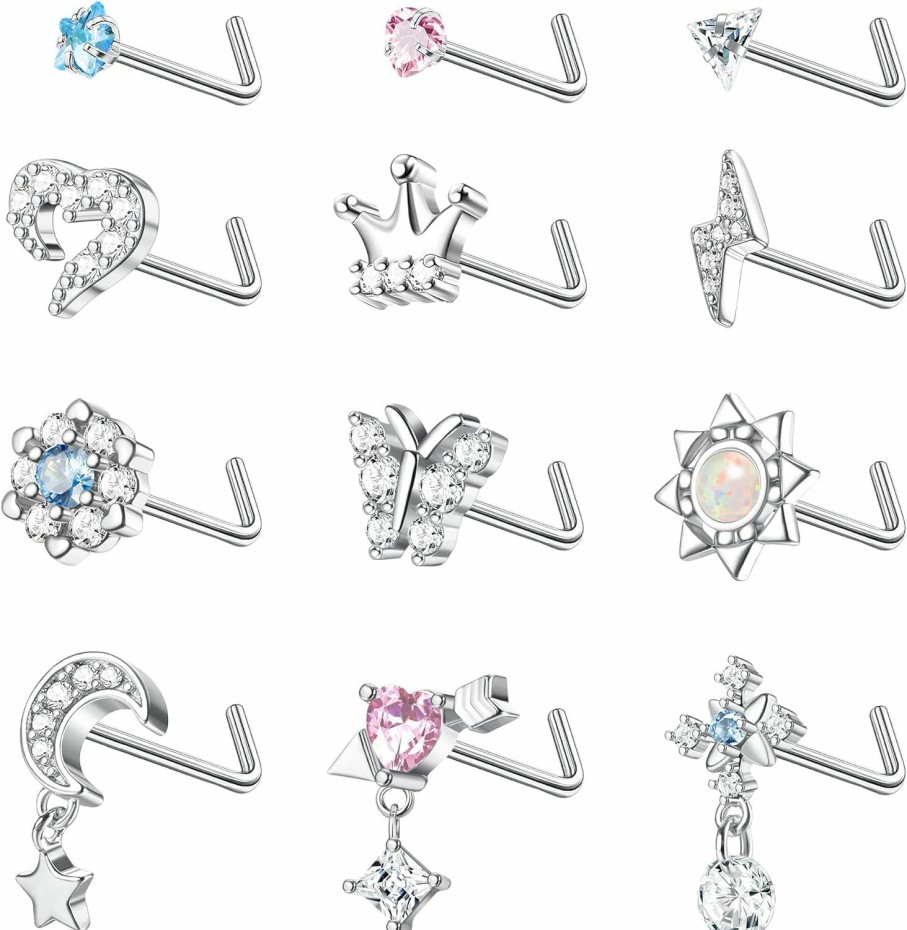 THUNARAZ Body Piercing Studs | Thunaraz 20G Dangle Nose Rings For Women Stainless Steel Nose Rings L-Shaped Cute Flower Butterfly Nose Studs Sparkled Opal Cz Inlaid Nose Piercing Jewelry 12Pcs