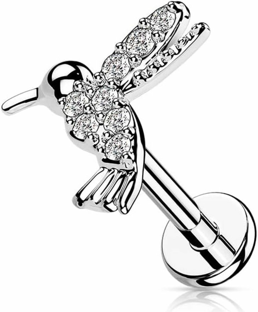 Dynamique Galerie Body Piercing Studs | Dynamique Cz Paved Hummingbird Top On Internally Threaded 316L Surgical Steel Flat Back Stud For Labret, Monroe, Cartilage (Sold Per Piece)