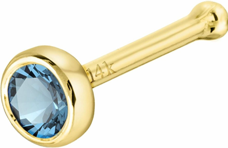 Jewelry Avalanche Body Piercing Studs | Solid 14K Gold Ball-End Stud Bezel Set Aquamarine 22G Nose Bone Nose Stud - 14K White Gold / 14K Yellow Gold March Birthstone Nose Ring Stud