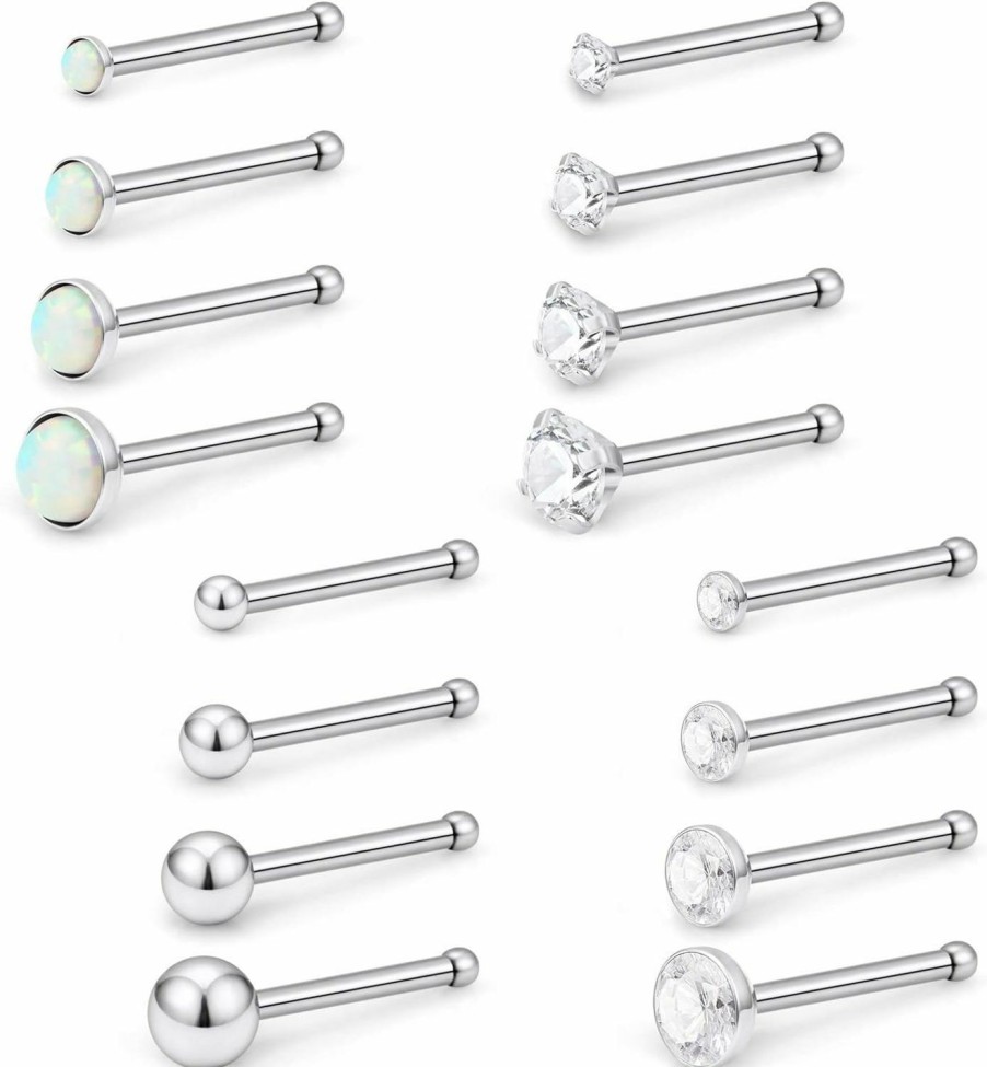 Lcolyoli Body Piercing Studs | Lcolyoli 16Pcs 18G 316L Stainless Steel Nose Rings Studs Crystals Opal Bone Shape Body Nostril Pin Piercings Hypoallergenic For Women 1.5Mm 2Mm 2.5Mm 3Mm