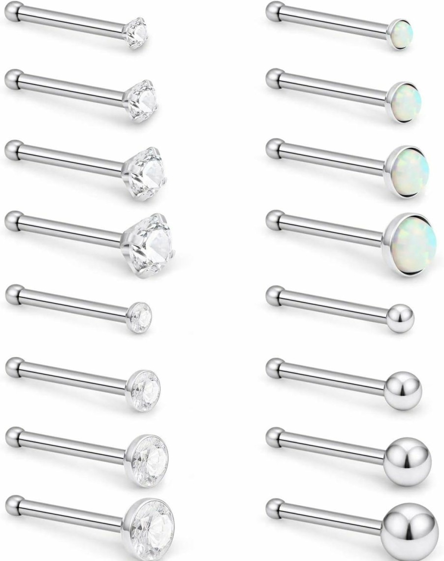 Lcolyoli Body Piercing Studs | Lcolyoli 16Pcs 18G 316L Stainless Steel Nose Rings Studs Crystals Opal Bone Shape Body Nostril Pin Piercings Hypoallergenic For Women 1.5Mm 2Mm 2.5Mm 3Mm