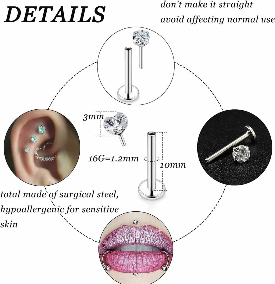 Vsnnsns Body Piercing Studs | Vsnnsns 20G 18G 16G Push In Lip Rings Stainless Surgical Steel Labret Jewelry Monroe Lip Rings Nail Cartilage Tragus Helix Earrings Studs Nose Ring Medusa Piercing Jewelry For Women Men Opal Cz 20Pcs