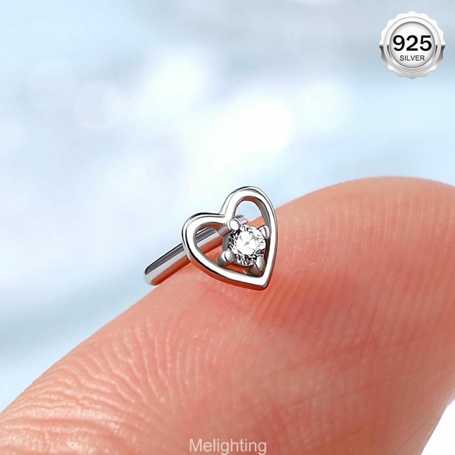 Melighting Body Piercing Studs | Meiighting 925 Sterling Silver Heart Nose Stud L Shaped Star Nose Ring 20G Solid Silver Nose Piercing Jewelry Clear Cz For Women Men Nostril Piercing