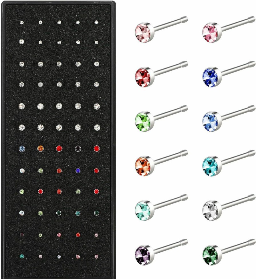 Yolev Body Piercing Studs | Yolev 60Pcs Surgical Stainless Steel Nose Studs, Hypoallergenic Body Piercing Jewelry For Women Men Bone Silver Rose Gold Black Rainbow Pack Steel Faux Nose Piercing Nose Cuffs