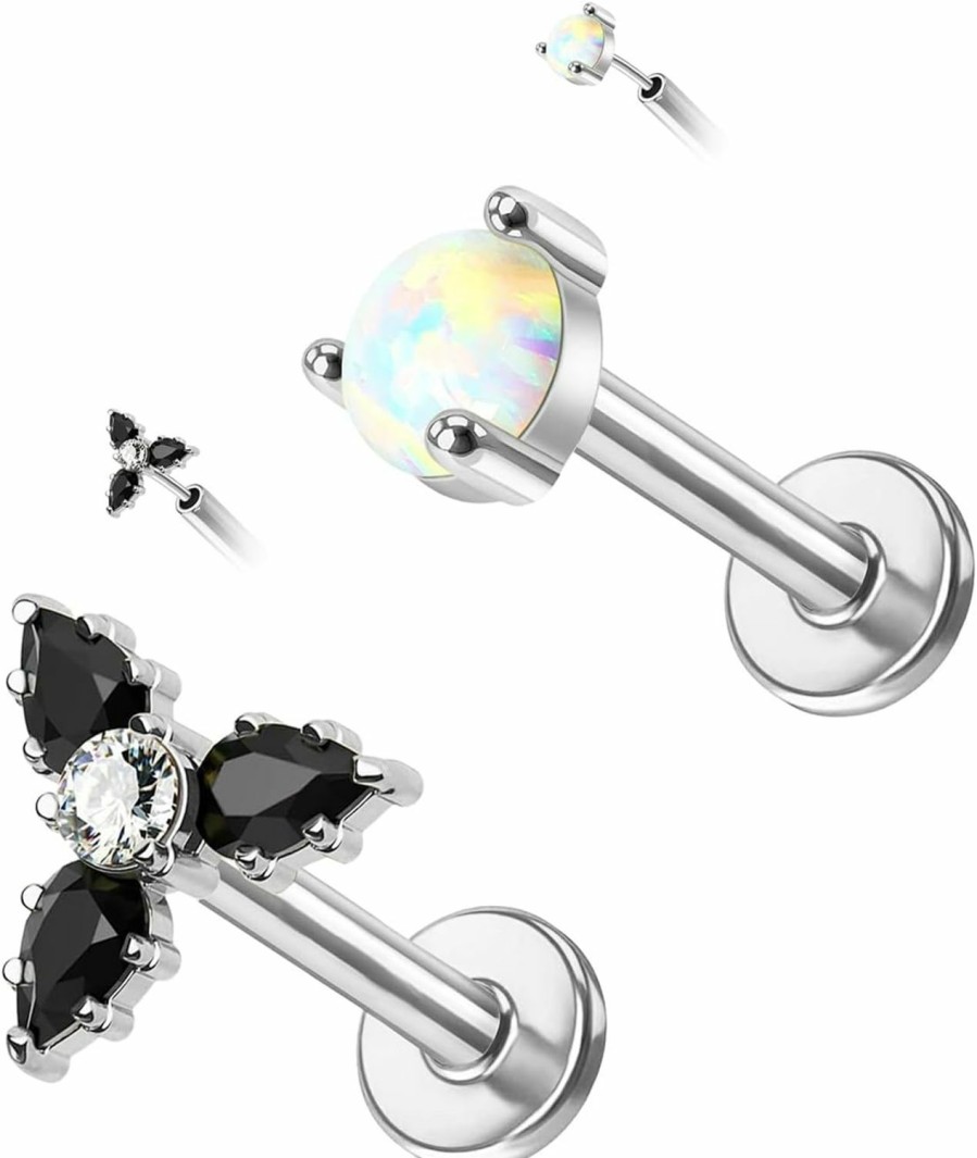 CHARMONLINE Body Piercing Studs | Charmonline 925 Sterling Silver Top Push In Threadless Opal/Cz Flat Back Stud 925 Silver Cartilage Earring Nose Stud Lip Ring Threadless Earring Helix Stud Tragus Piercing Jewelry For Women Men