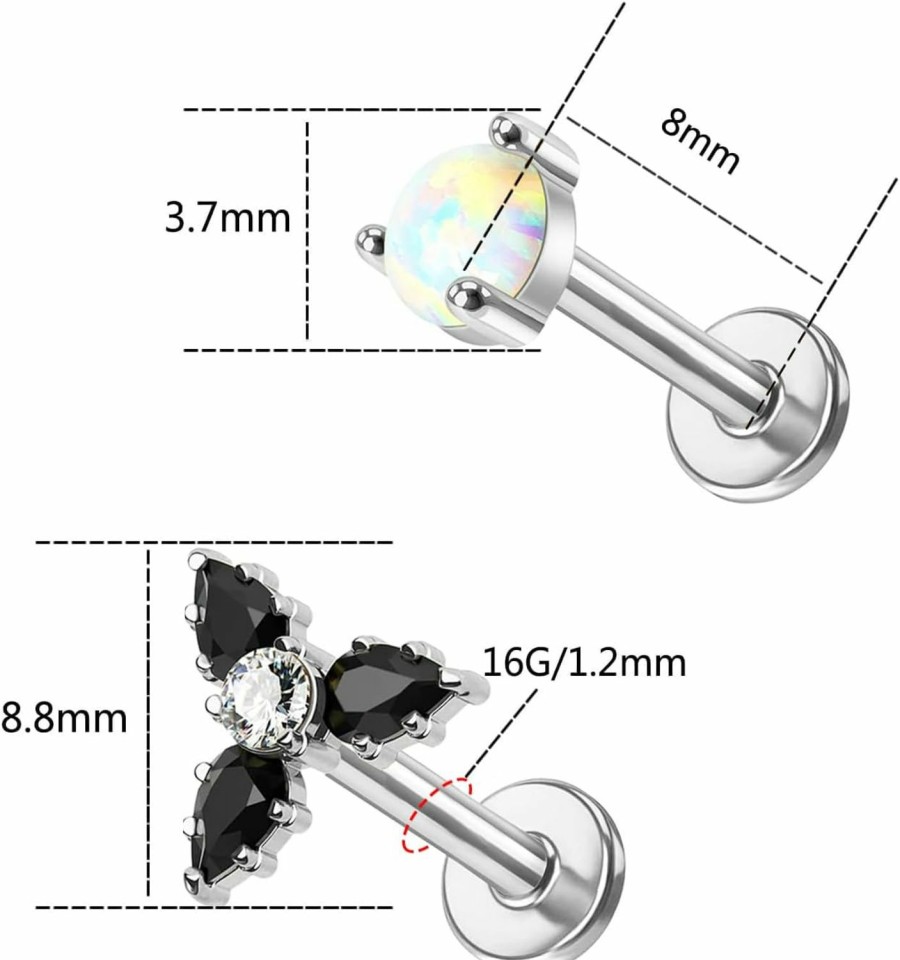 CHARMONLINE Body Piercing Studs | Charmonline 925 Sterling Silver Top Push In Threadless Opal/Cz Flat Back Stud 925 Silver Cartilage Earring Nose Stud Lip Ring Threadless Earring Helix Stud Tragus Piercing Jewelry For Women Men