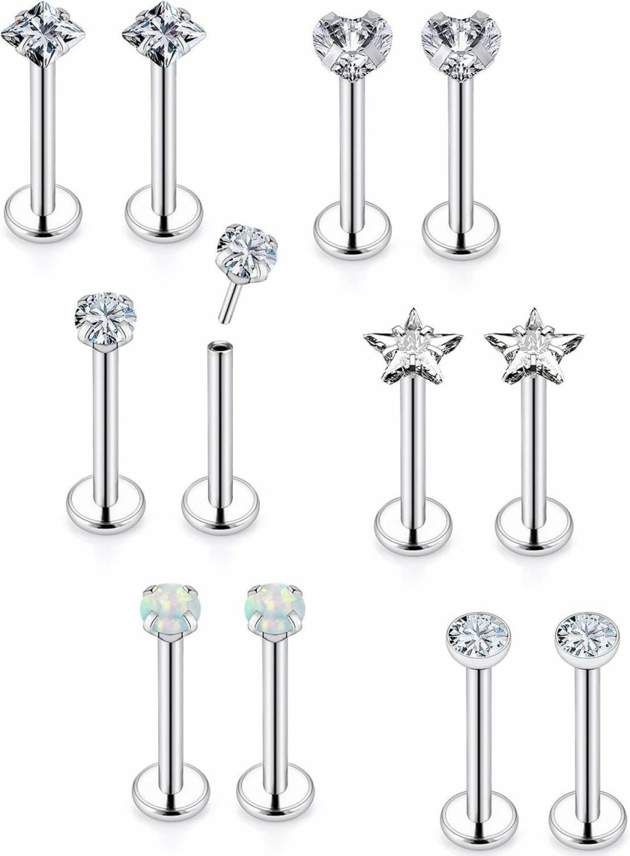 Vsnnsns Body Piercing Studs | Vsnnsns 20G 18G 16G Push In Lip Rings Stainless Surgical Steel Labret Jewelry Monroe Lip Ring Nail Cartilage Tragus Helix Earrings Studs Nose Ring Medusa Piercing Jewelry For Women Men 6 Pairs Opal Cz