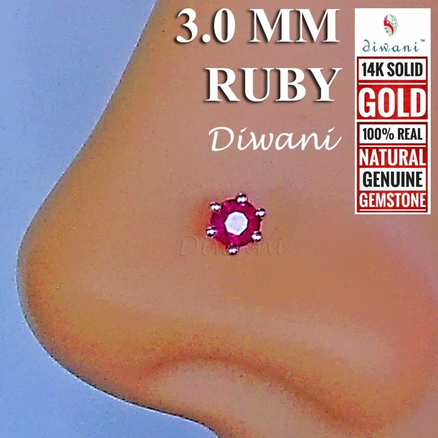 DIWANI Body Piercing Studs | Diwani 14K Gold 3.0Mm Natural Ruby Gemstone Engagement Wedding Nose Piercing Ring Stud Pin (0.120 Cents, Color- Red) 20 Gauge Thick 5.0Mm Length Spiral Wire Post