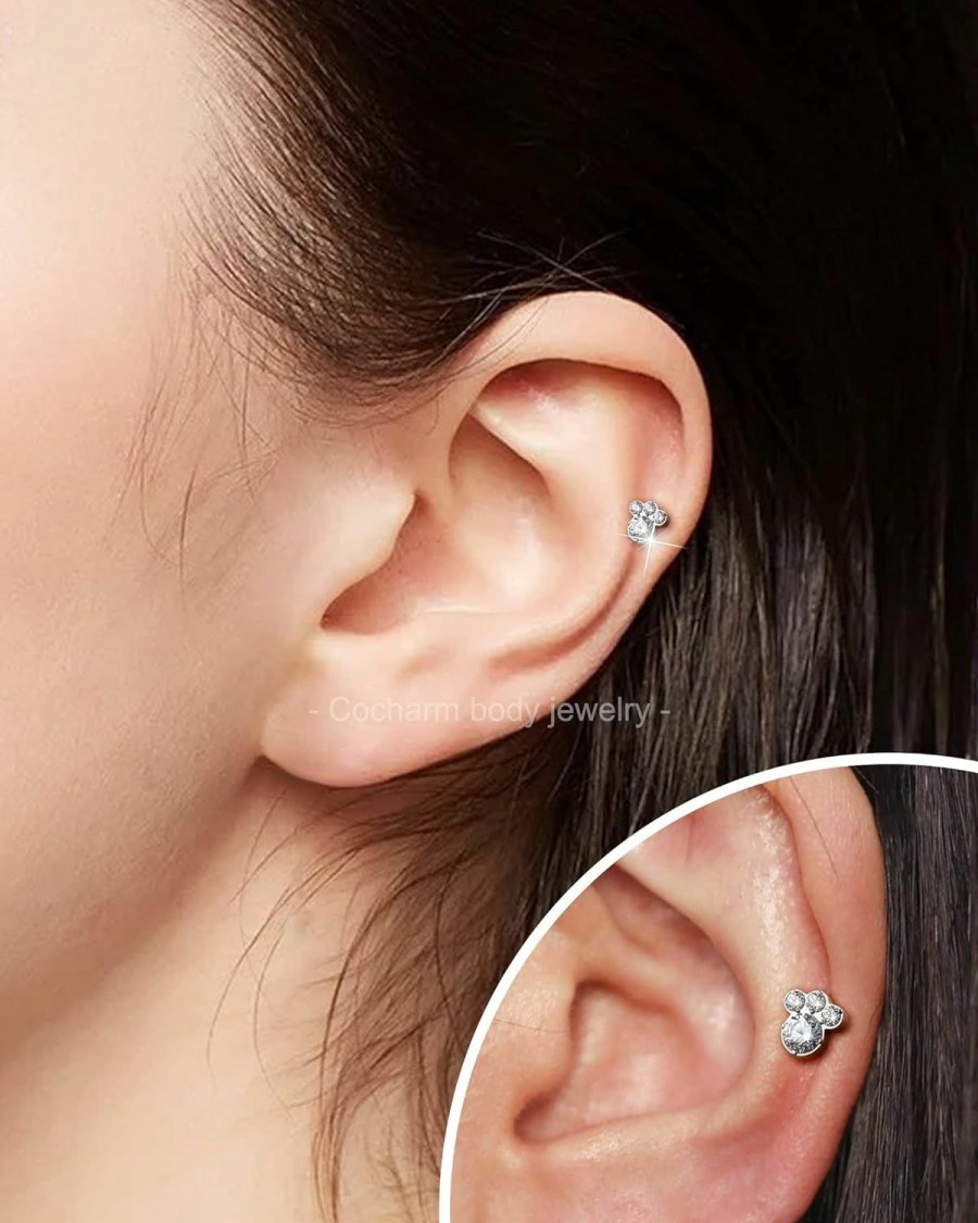 COCHARM Body Piercing Studs | Cocharm G23 Titanium Paw Print Ear Cartilage Earring Stud 16G Flat Back Ear Piercing 16G Internally Threaded Cartilage Piercing Jewelry Cute Hypoallergenic 16G Earrings For Women