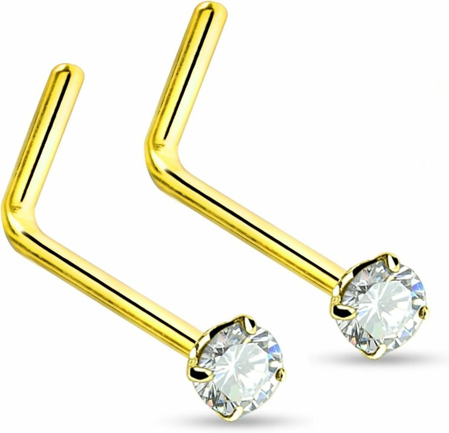 Forbidden Body Jewelry Body Piercing Studs | Forbidden Body Jewelry 20G Surgical Steel Gold Plated & Rose Gold Plated L-Shaped 2Mm Cz Crystal Nose Studs