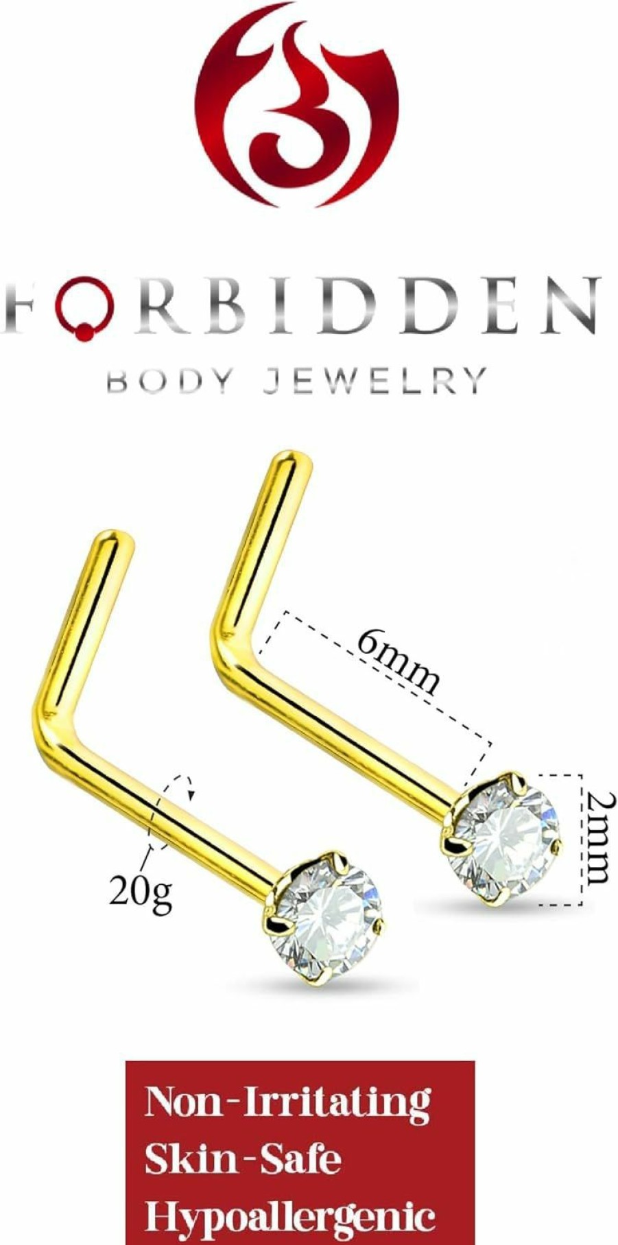 Forbidden Body Jewelry Body Piercing Studs | Forbidden Body Jewelry 20G Surgical Steel Gold Plated & Rose Gold Plated L-Shaped 2Mm Cz Crystal Nose Studs