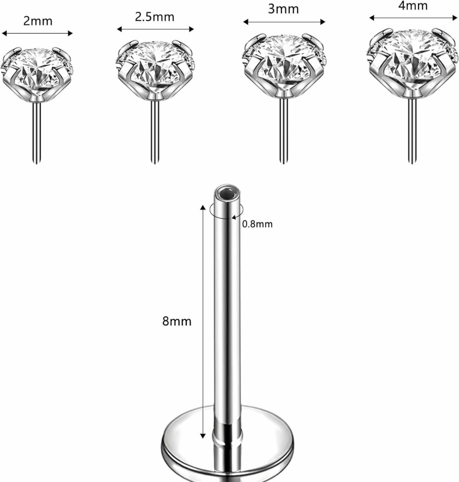 6ixGosh Body Piercing Studs | 6Ixgosh 20G/18G Threadless Nose Rings Studs Flat Back Earrings Stud Surgical Steel Push In Nose Tragus Cartilage Lip Medusa Piercings Jewelry Cz 2/2.5/3/4Mm