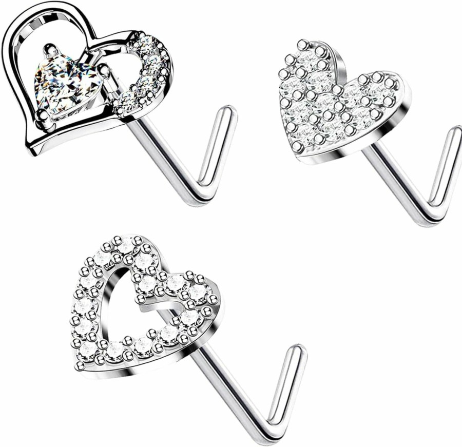 FLOGWE Body Piercing Studs | Flogwe 20G 3Pcs Nose Ring Studs 316L Heart Nose Rings Nose Studs Heart Nose Stud Surgical Steel Cz L-Shaped Piercing Jewelry