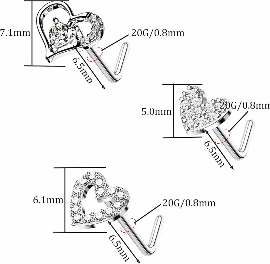 FLOGWE Body Piercing Studs | Flogwe 20G 3Pcs Nose Ring Studs 316L Heart Nose Rings Nose Studs Heart Nose Stud Surgical Steel Cz L-Shaped Piercing Jewelry