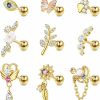 FIBO STEEL Body Piercing Studs | Fibo Steel 9 Pcs 16G Cartilage Earring For Women Helix Piercing Jewelry Tragus Piercing Jewelry Gold Conch Piercing Jewelry Cz Cartilage Earrings Stud Flower Heart Leaf Evil Eye Paw Print Piercing