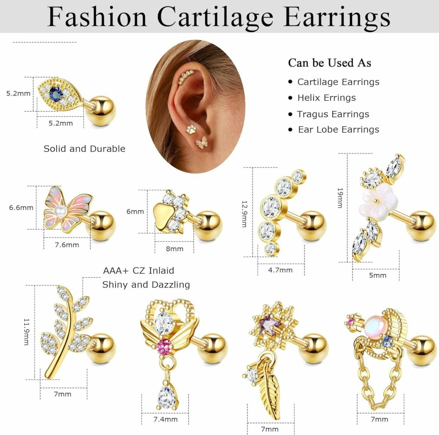 FIBO STEEL Body Piercing Studs | Fibo Steel 9 Pcs 16G Cartilage Earring For Women Helix Piercing Jewelry Tragus Piercing Jewelry Gold Conch Piercing Jewelry Cz Cartilage Earrings Stud Flower Heart Leaf Evil Eye Paw Print Piercing