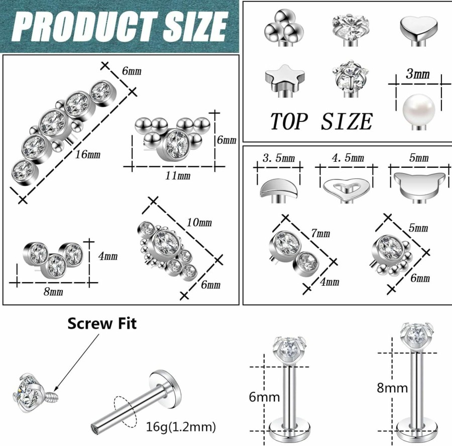 ZS Body Piercing Studs | Zs 16G Screw Lip Rings, Stainless Steel Labret Jewelry, Cz Forward Tragus Earrings For Women Men, Length 6 8 10Mm Medusa Monroe Piercing