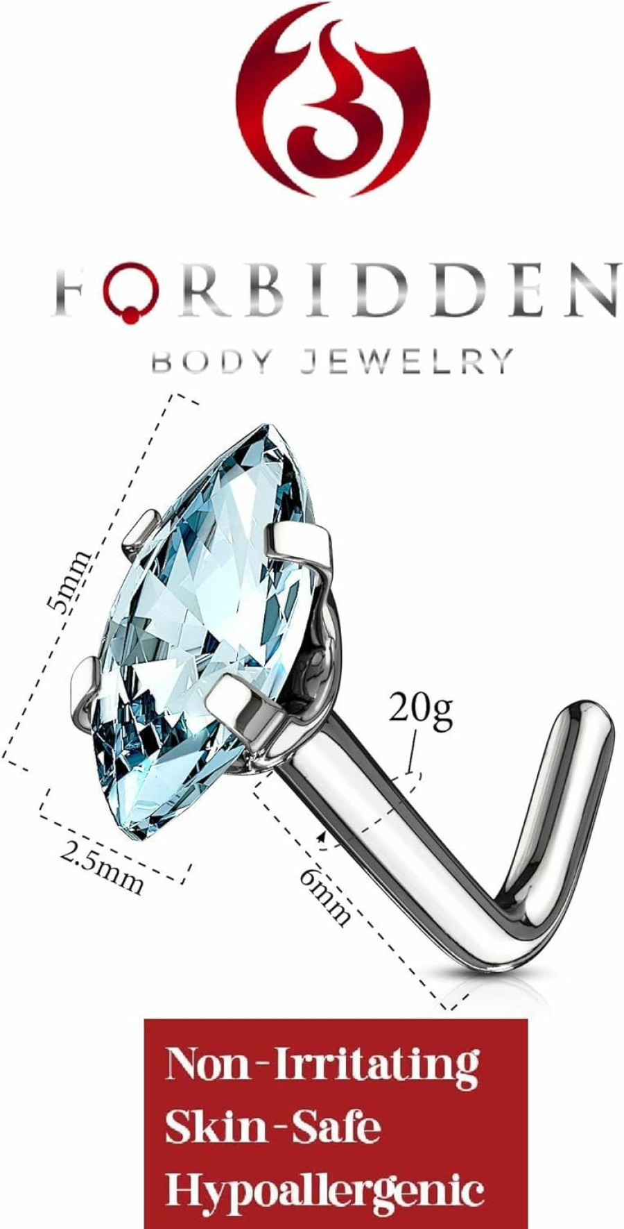 Forbidden Body Jewelry Body Piercing Studs | Forbidden Body Jewelry 20G Surgical Steel Fancy Marquise Shape Cz L Shaped Nose Ring