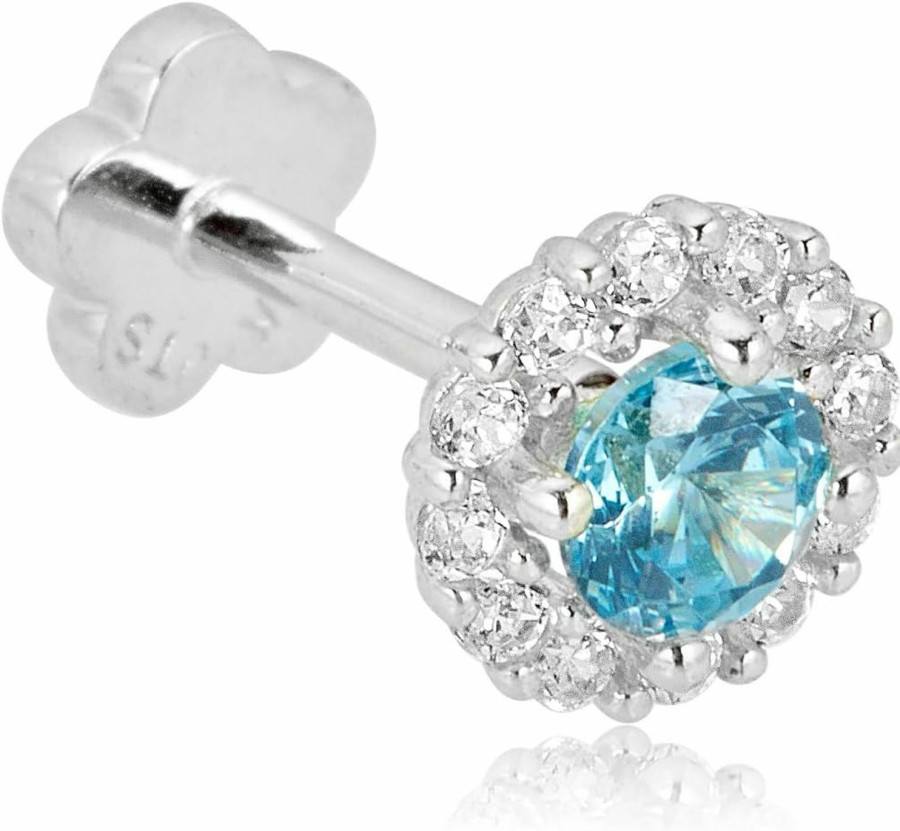 AVORA Body Piercing Studs | Avora 14K Gold Blue And White Simulated Diamond Cz Halo Cartilage Piercing Flat Back Earring Body Jewelry (18 Gauge)