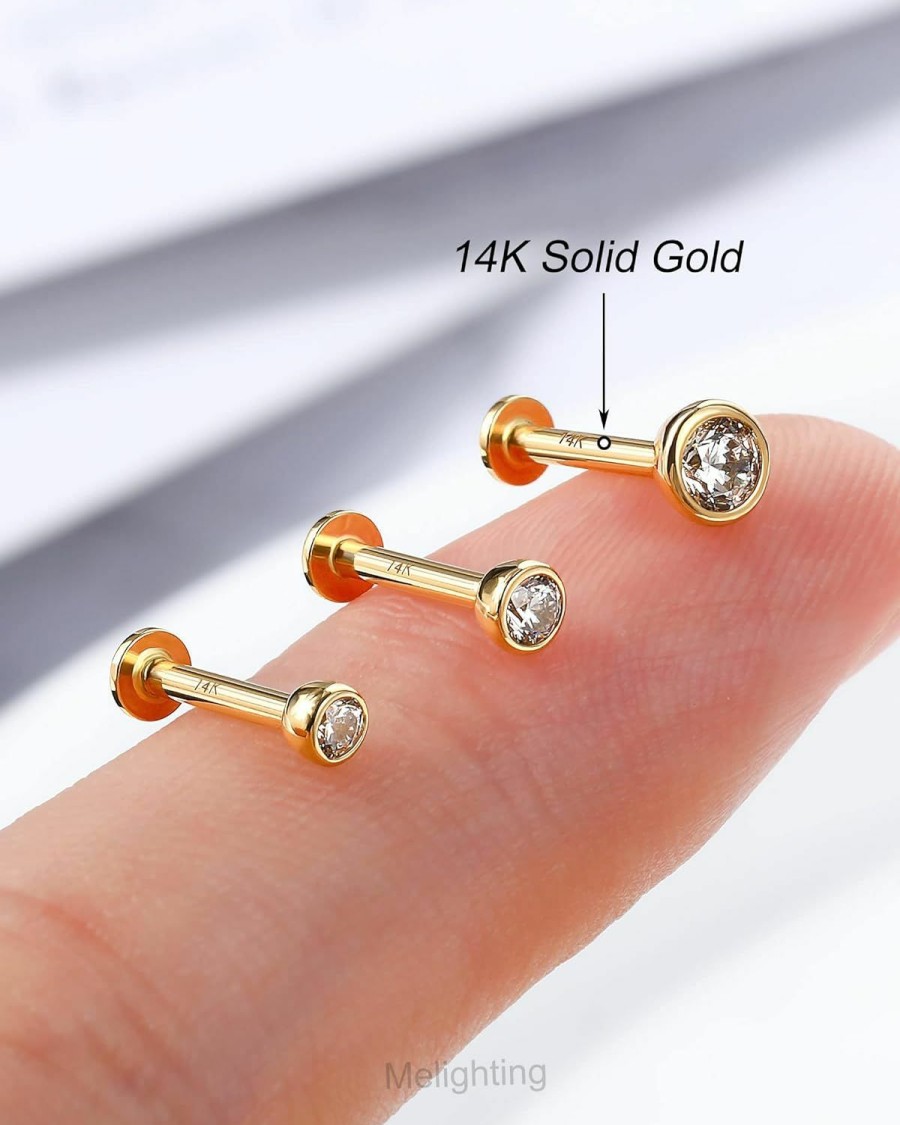 Melighting Body Piercing Studs | Melighting 14K Solid Gold Flat Back Earrings, Titanium Threadless Earrings For Women, 16G Gold Tragus Helix Piercing Jewelry, Conch Earrings Labret Jewelry For Women