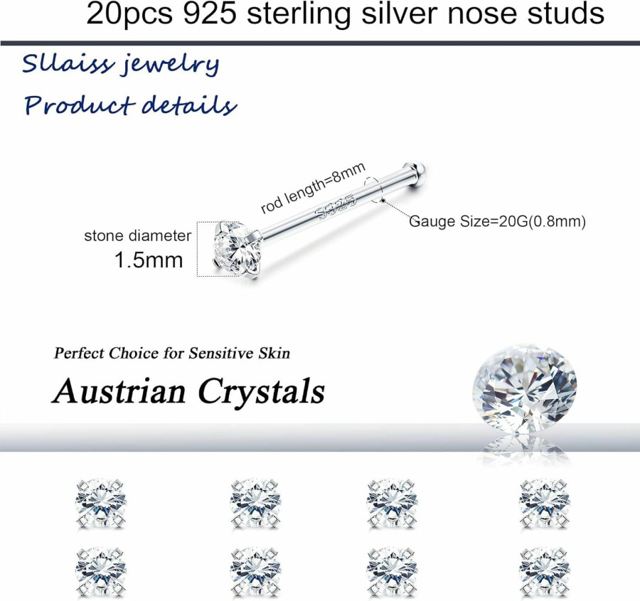 Sllaiss Body Piercing Studs | Sllaiss 20Pcs Sterling Silver Nose Studs For Women Men Inlaid 2Mm Czech Crystals 925 Silver 20G Cartilage Piercing 1.5Mm 24Pcs Multicolor Nose Piercing