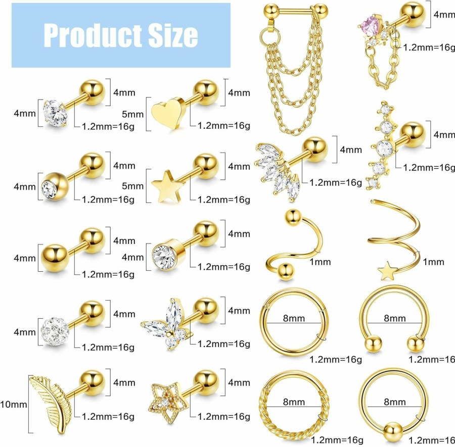 YADOCA Body Piercing Studs | Yadoca 16G Cartilage Earrings For Women Men Tragus Piercing Jewelry Forward Helix Earrings Surgical Steel Cartilage Stud Earrings Hoop Cz Daith Conch Helix Piercing Jewelry 20Pcs