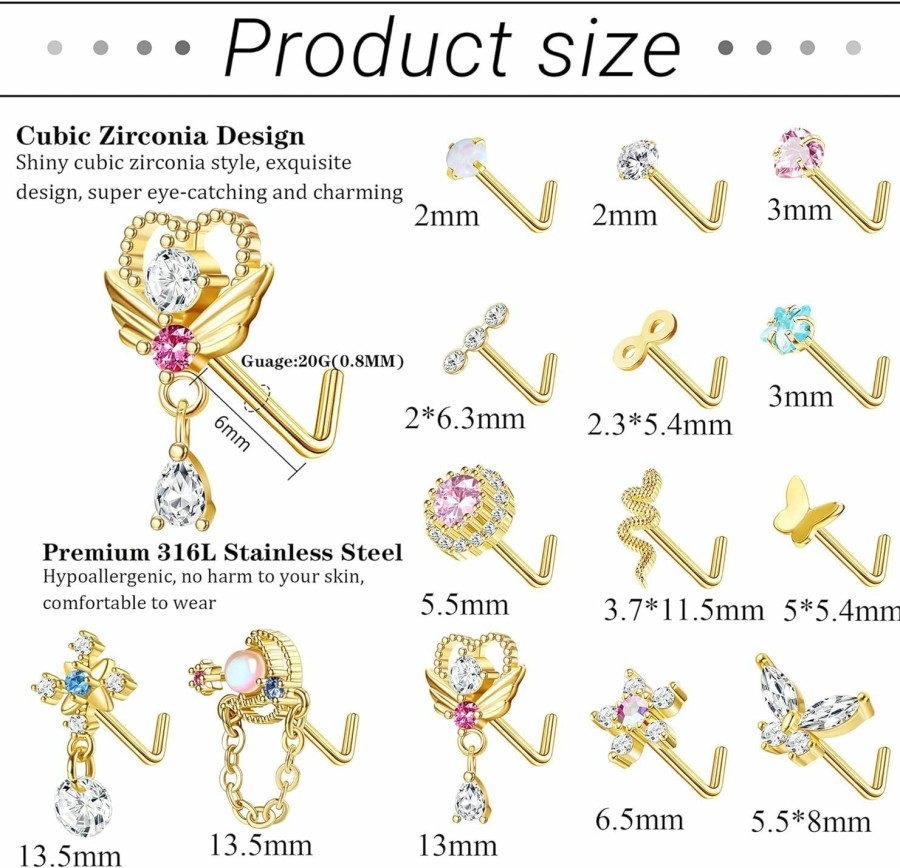 YADOCA Body Piercing Studs | Yadoca 14Pcs 20G Dangle Nose Rings L Shaped For Women Men Surgical Steel Dangling Nose Rings Studs Cz Butterfly Flower Heart Dangling Nose Studs Piercing Jewelry