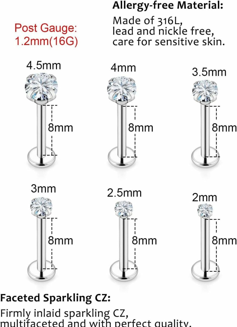 Xwnskvvz Body Piercing Studs | Xwnskvvz 16G Internally Threaded Medusa Piercing Jewelry Labret Studs Monroe Lip Ring Stainless Steel Tragus Piercing Jewelry 2-4.5Mm Cubic Zirconia Forward Helix Earrings Cartilage Conch Earring