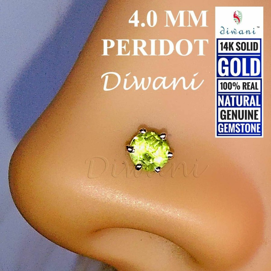 DIWANI Body Piercing Studs | Diwani 14K Gold 4.0Mm Natural Peridot Gemstone Engagement Wedding Nose Piercing Ring Stud Pin (0.230 Cents, Color- Green) 20 Gauge Thick 5.0Mm Length Spiral Wire Post