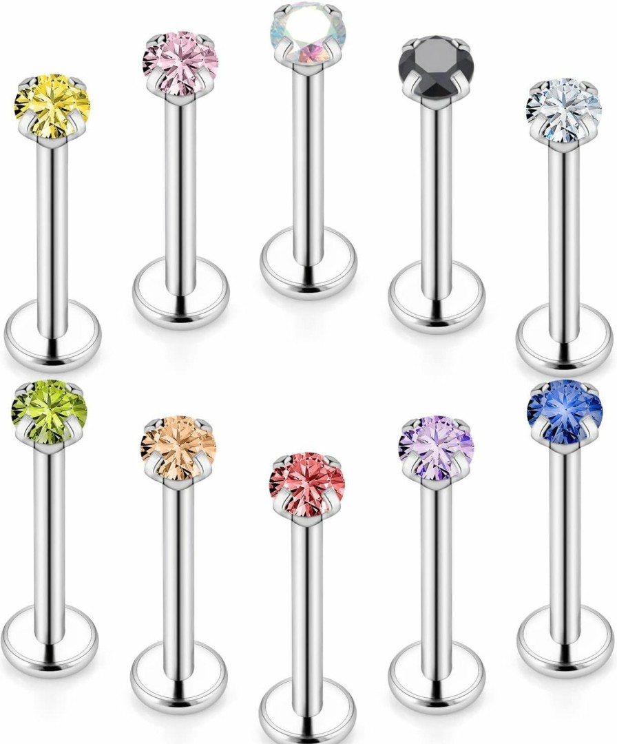 Kridzisw Body Piercing Studs | Kridzisw 16G Lip Labret Medusa Monroe Rings Studs Hypoallergenic Surgical Steel Flat Back Tragus Cartilage Helix Conch Ear Earrings Piercings Studs 2Mm 3Mm 4Mm Cz 6Mm 8Mm 10Mm Bar Length 10Pcs