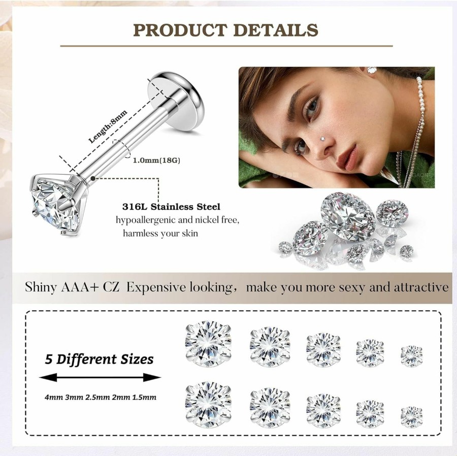 THUNARAZ Body Piercing Studs | Thunaraz 16G 18G 20G Threadless Push In Nose Studs Surgical Steel Push In Nose Rings Stud 1.5Mm 2Mm 2.5Mm 3Mm 4Mm Lip Rings Tragus Cartilage Earrings Monroe Piercing Jewelry For Women Men