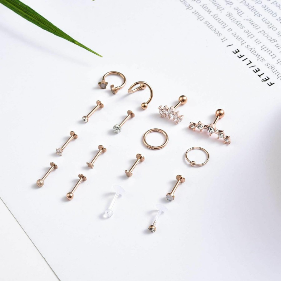 REVOLIA Body Piercing Studs | Revolia 16 Pcs 16G Stainless Steel Tragus Earring Cartilage Helix Single Earring Lip Rings Labret Studs Daith Rook Piercing