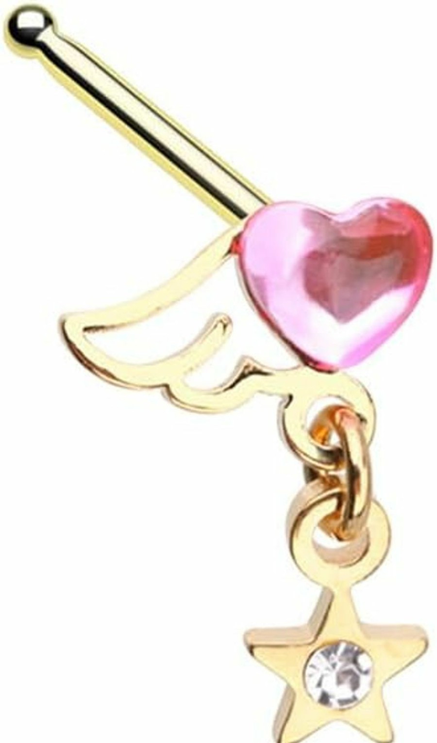 Pierced Owl Body Piercing Studs | 20Ga Gold Plated Stainless Steel Crystal Winged Pink Heart With Dangling Star Nose Bone Stud