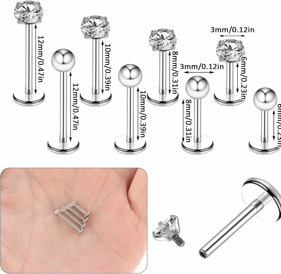 Yolev Body Piercing Studs | 8Pcs Stainless Steel Nose Studs Labret Bars Lip Stud Rhinestone Cartilage Earrings Nose Piercing Jewelry For Women Men 6-12Mm