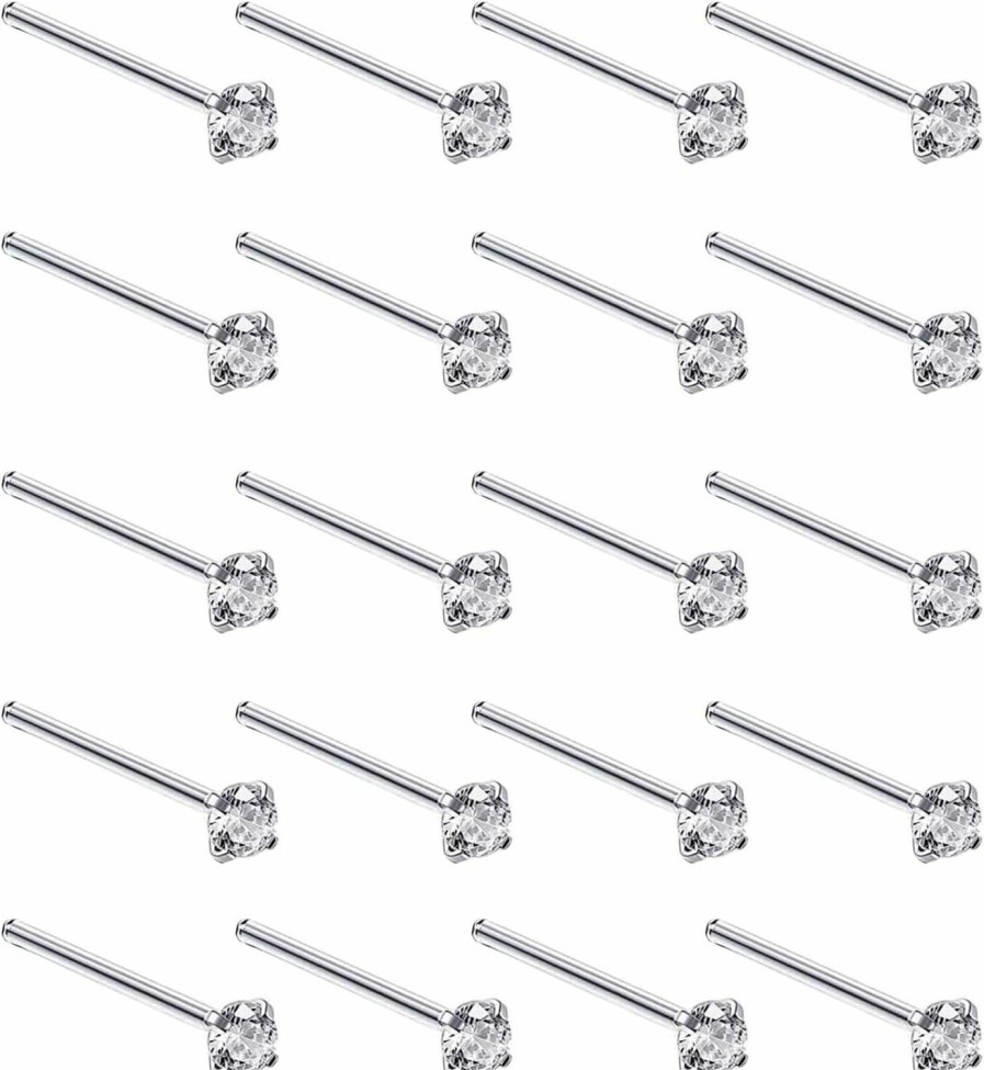 BOGZON Body Piercing Studs | Silver Set Of 20 Round Clear Simulated Diamond Nose Stud Box 1.5 Mm Straight