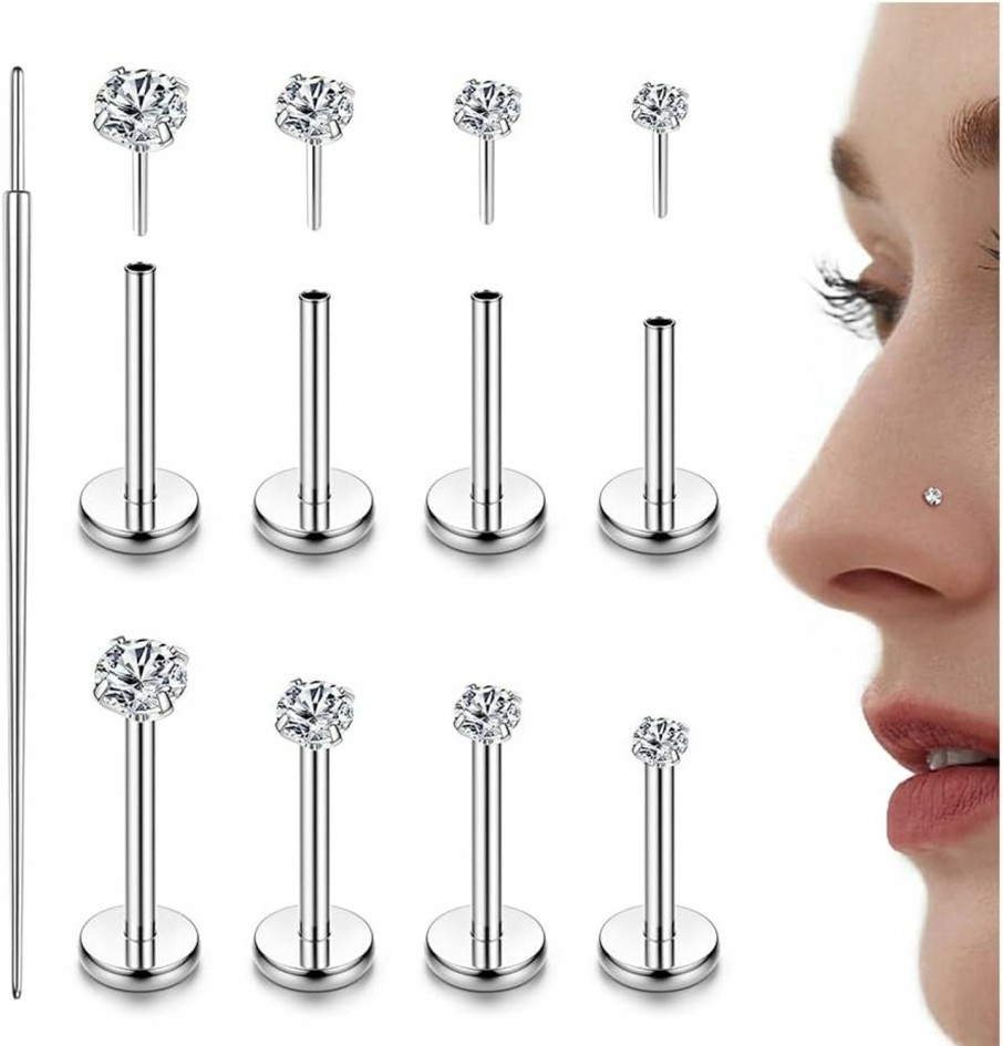 LOLIAS Body Piercing Studs | Lolias 14K Gold Filled Threadless Nose Studs Cz Nose Rings For Women Men 316L Surgical Steel Labret Studs Lip Rings Push In Flat Back Stud Earrings Cz Nose Nostril Tragus Helix Piercing Jewelry Hypoallergenic 20G 18G