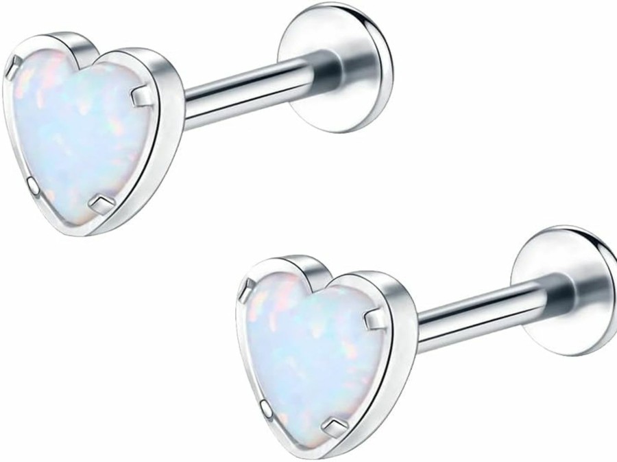 NewZenro Body Piercing Studs | 16G Opal Heart Labret Cartilage Tragus Monroe Lip Nose Internal Thread Helix Love Studs Earrings For Women Girls Stainless Steel Medusa Conch Piercing Jewelry Flat Back Hypoallergenic Valentines Day Xmas Gifts Her