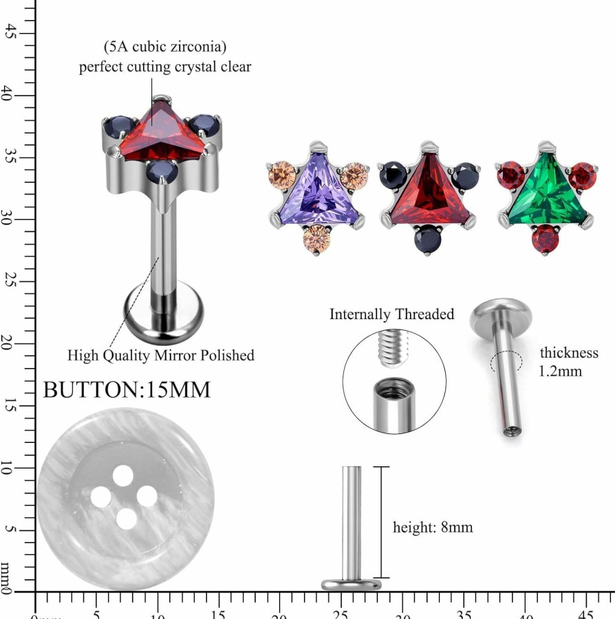 DGhera Body Piercing Studs | 1Pc G23 Titanium Labret Lip Earring Piercing Jewelry For Conch Tragus Helix Flat Earlobe Stud Green Zircon Paved Thread Body Jewelry