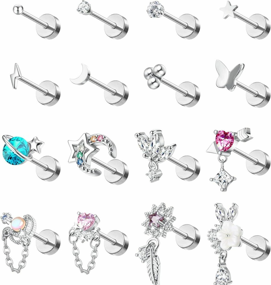 LOLIAS Body Piercing Studs | Lolias 16 Pcs Cartilage Flat Back Stud Earrings For Women Trendy Stud Earrings Set For Multiple Piercing Surgical Steel Flatback Earrings For Women 20G