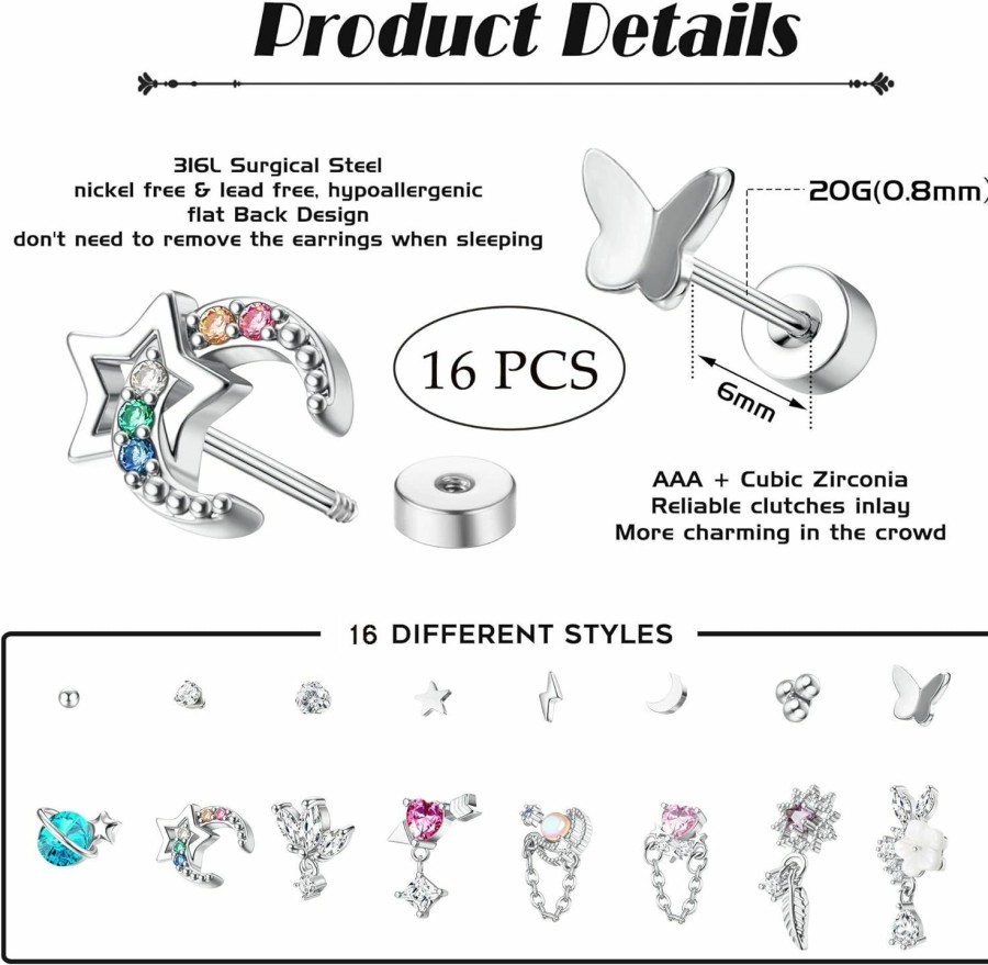 LOLIAS Body Piercing Studs | Lolias 16 Pcs Cartilage Flat Back Stud Earrings For Women Trendy Stud Earrings Set For Multiple Piercing Surgical Steel Flatback Earrings For Women 20G