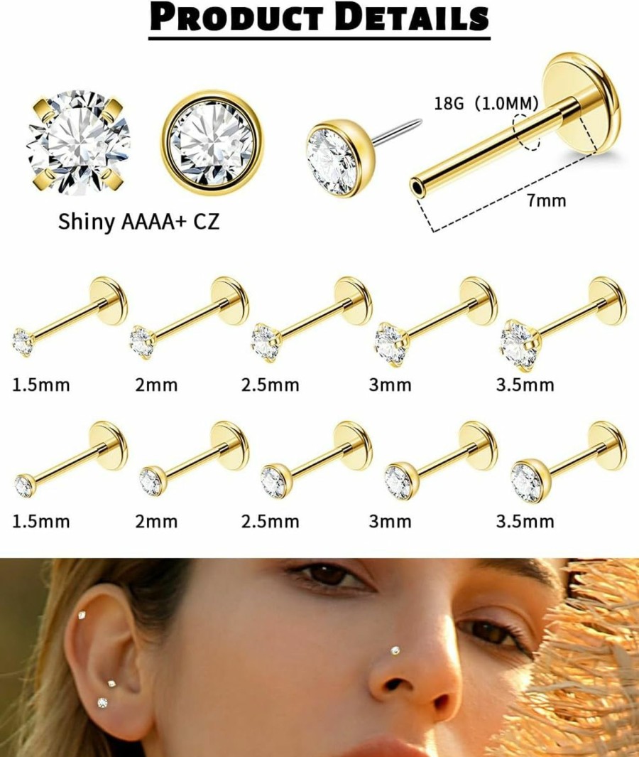 Vegolita Body Piercing Studs | Vegolita 18G 20G 10Pcs 316L Stainless Steel Push In Nose Rings Stud Cubic Zirconia Nose Stud Threadless Nose Ring Nostril Piercing 1.5Mm 2Mm 2.5Mm 3Mm 3.5Mm