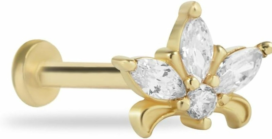 generic Body Piercing Studs | Lotus Labret Cartilage Piercing Earring With Zircons - 14K Solid Yellow Gold - For Helix Tragus Lobe Conch Flat & Other Body Piercing By Koral Jewelry