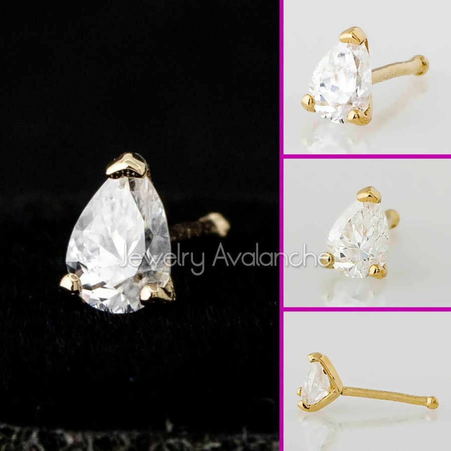 Jewelry Avalanche Body Piercing Studs | Jewelry Avalanche Pear Shape Moissanite 14K Gold Nose Bone Stud 22G Ball-End Nose Ring Stud V-Prong Set Teardrop Gemstone Uni Stud