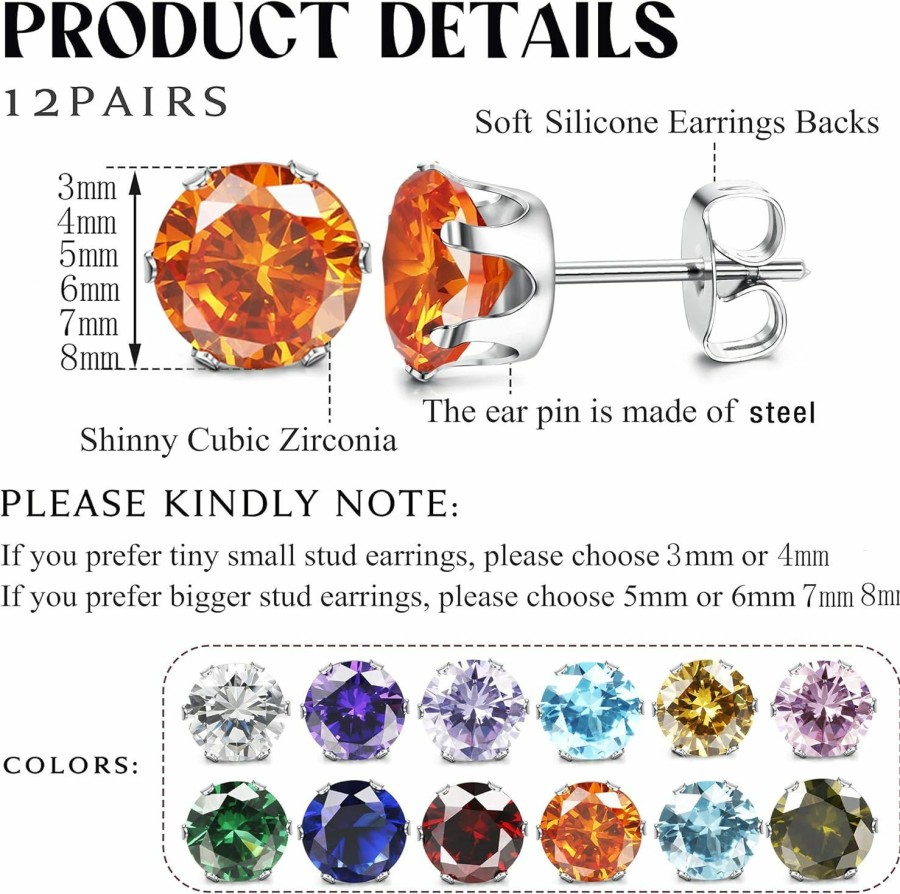 Jstyle Body Piercing Studs | Jstyle Jewelry Stainless Steel Womens Cz Stud Earings Set Piercing 12 Pairs