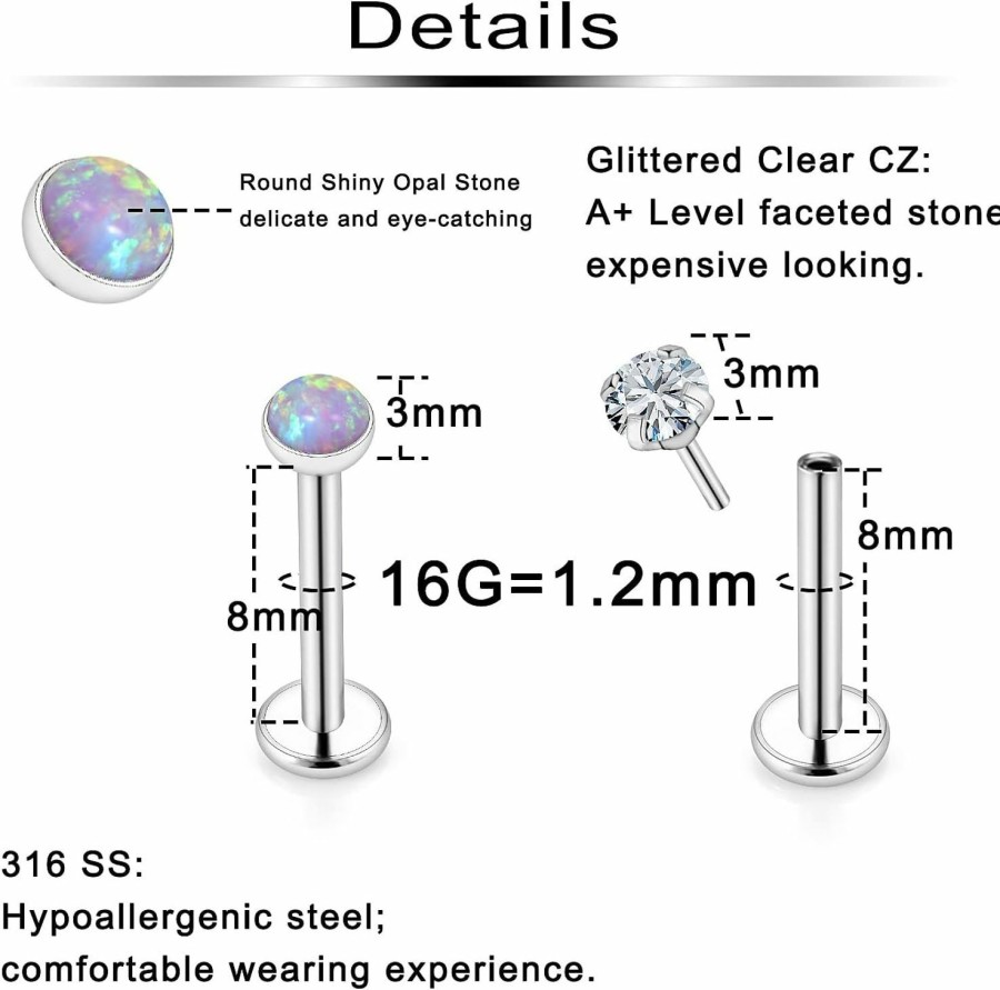 Ftovosyo Body Piercing Studs | Ftovosyo 20G 18G 16G Threadless Push In Nose Rings Studs Surgical Steel Pushin Nose Stud 2Mm 2.5Mm 3Mm Round Crystal Opal Labret Lip Medusa Piercing Jewelry Conch Helix Tragus Earring For Women Men