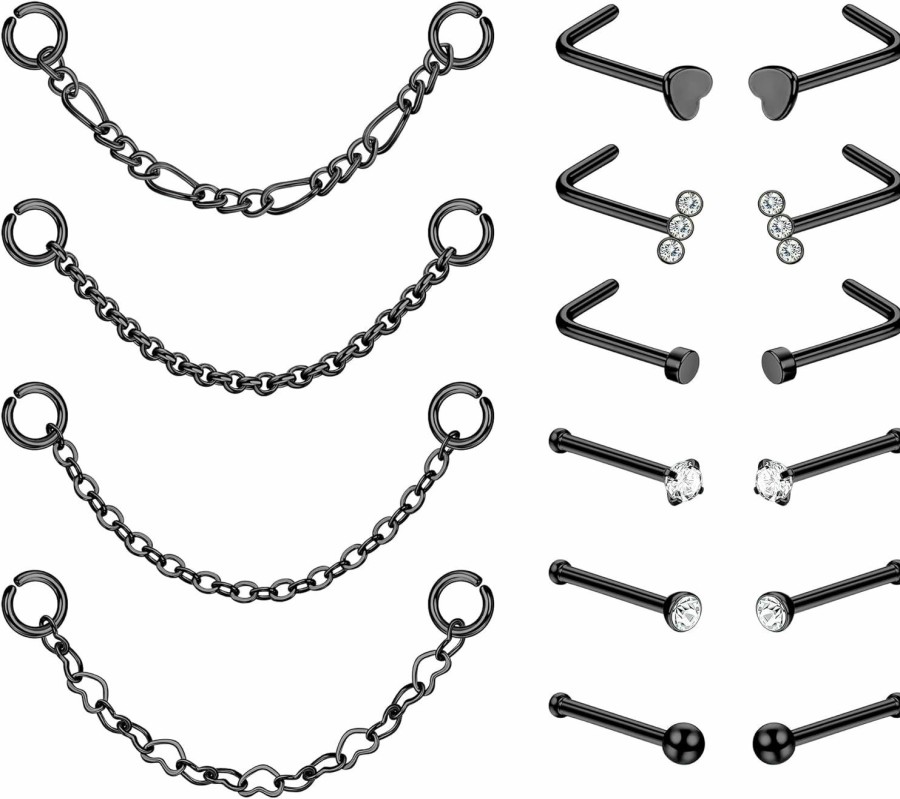 JOERICA Body Piercing Studs | Joerica Nose Chain Piercing Across Nose 316L Stainless Steel 20G Nose Ring Chains For Women Cz Nose Studs With Chains Nose Stud Chain Nostril Piercing Jewelry